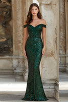 Load image into Gallery viewer, Sparkly Dark Green Mermaid Off the Shoulder Long Prom Dress