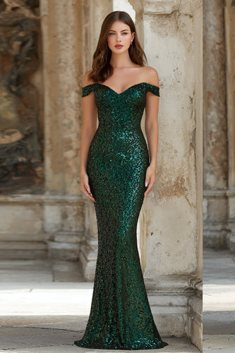 Sparkly Dark Green Mermaid Off the Shoulder Long Prom Dress