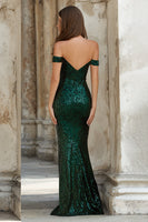 Load image into Gallery viewer, Sparkly Dark Green Mermaid Off the Shoulder Long Prom Dress
