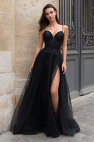 Load image into Gallery viewer, Sparkly Spaghetti Straps Black Long Prom Dress with Sequins