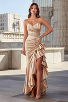 Load image into Gallery viewer, Champagne Ruffled Spaghetti Straps Long Mermaid Prom Dress with Slit