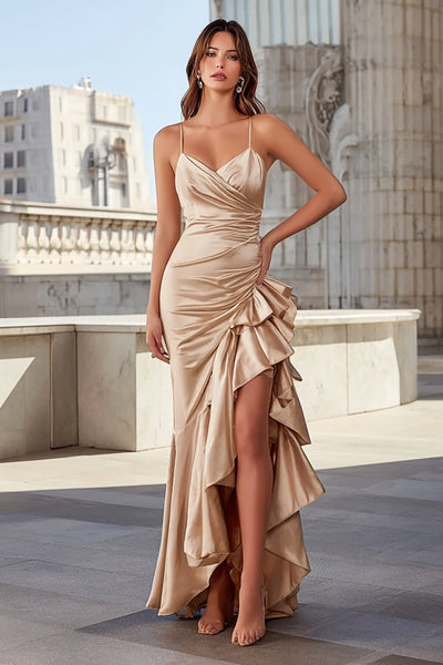 Champagne Ruffled Spaghetti Straps Long Mermaid Prom Dress with Slit