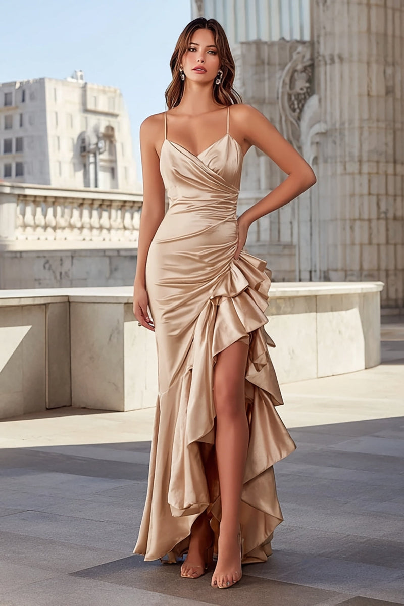Load image into Gallery viewer, Champagne Ruffled Spaghetti Straps Long Mermaid Prom Dress with Slit