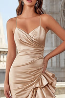 Load image into Gallery viewer, Champagne Ruffled Spaghetti Straps Long Mermaid Prom Dress with Slit