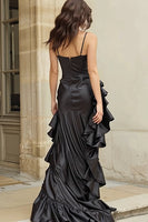 Load image into Gallery viewer, Black Spaghetti Straps Sheath Ruffled High Low Prom Dress