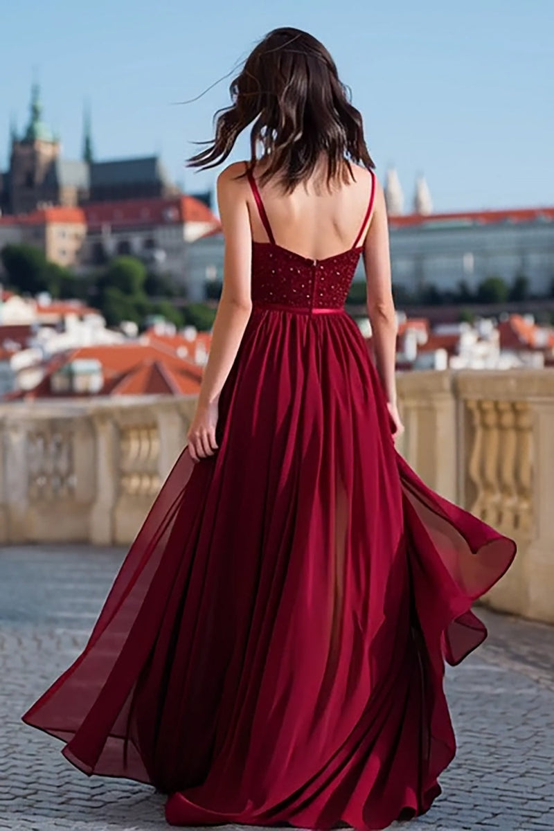 Load image into Gallery viewer, Sparkly Burgundy Spaghetti Straps Long Sequin Prom Dress