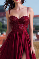 Load image into Gallery viewer, Sparkly Burgundy Spaghetti Straps Long Sequin Prom Dress