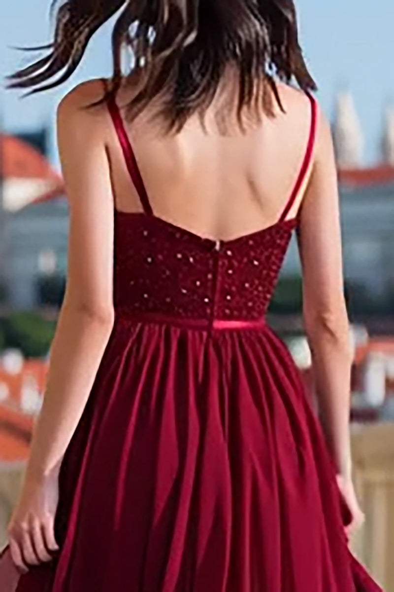 Load image into Gallery viewer, Sparkly Burgundy Spaghetti Straps Long Sequin Prom Dress