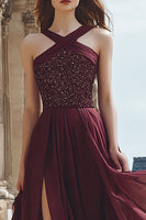 Load image into Gallery viewer, Sparkly Burgundy Long Sequin Prom Dress with Sequins