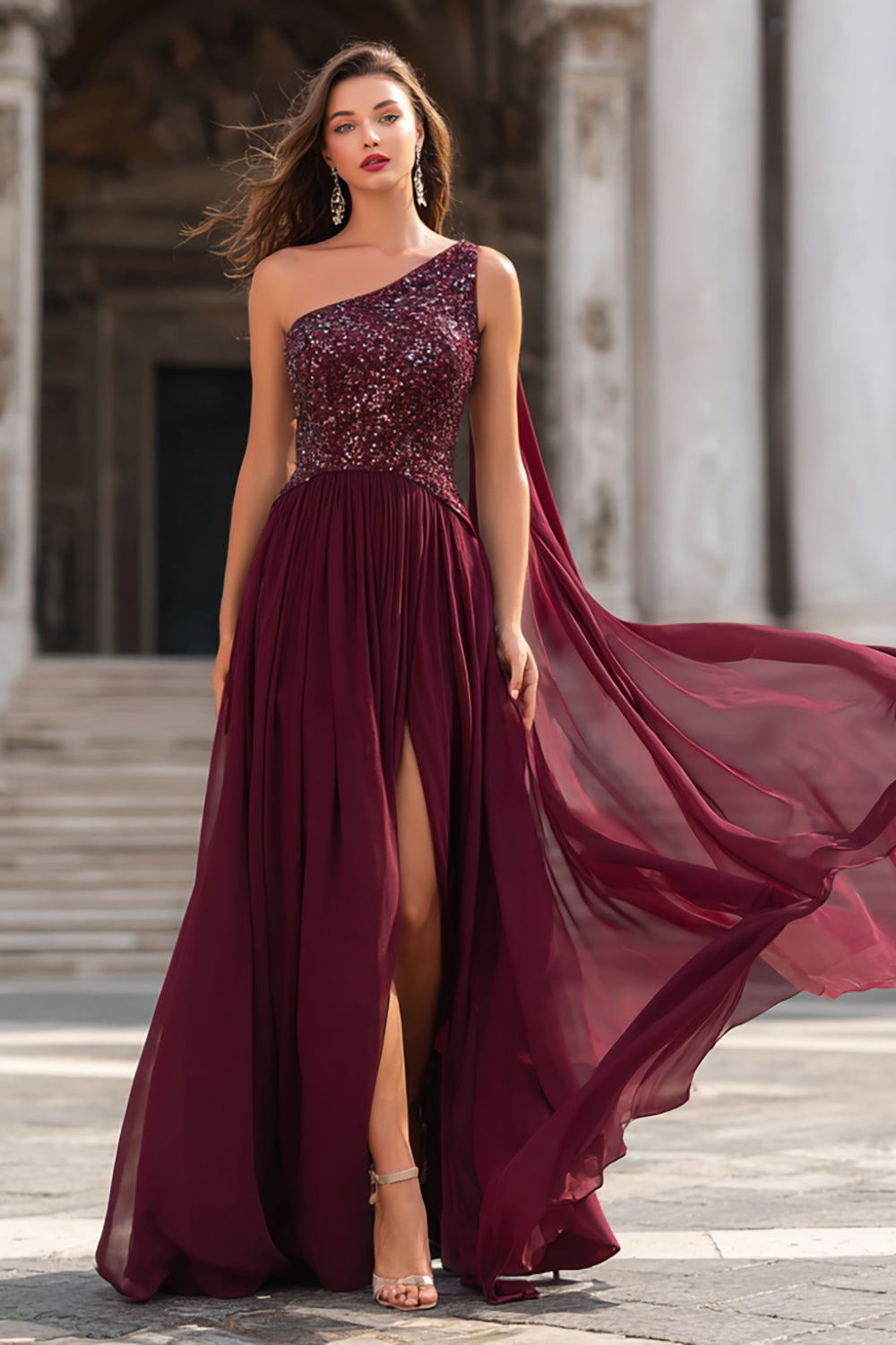 Sparkly One Shoulder Burgundy Long Prom Dress with Sequins