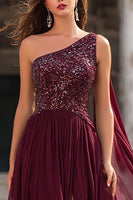 Load image into Gallery viewer, Sparkly One Shoulder Burgundy Long Prom Dress with Sequins