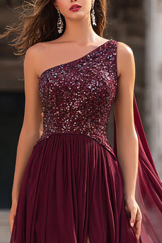 Sparkly One Shoulder Burgundy Long Prom Dress with Sequins