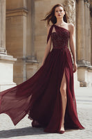 Load image into Gallery viewer, Sparkly Burgundy A Line One Shoulder Long Prom Dress