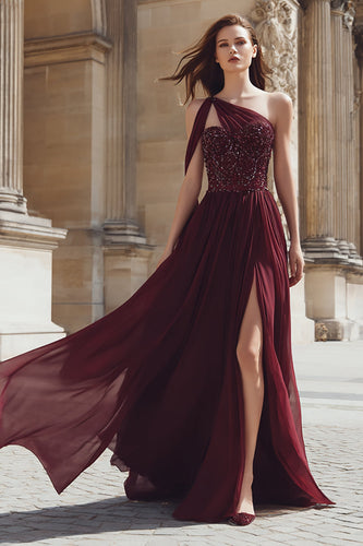 Sparkly Burgundy A Line One Shoulder Long Prom Dress