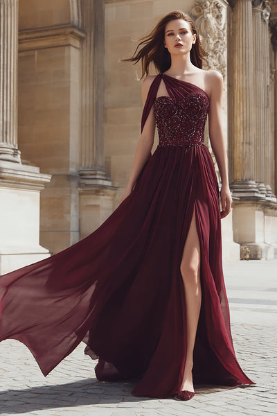 Sparkly Burgundy A Line One Shoulder Long Prom Dress