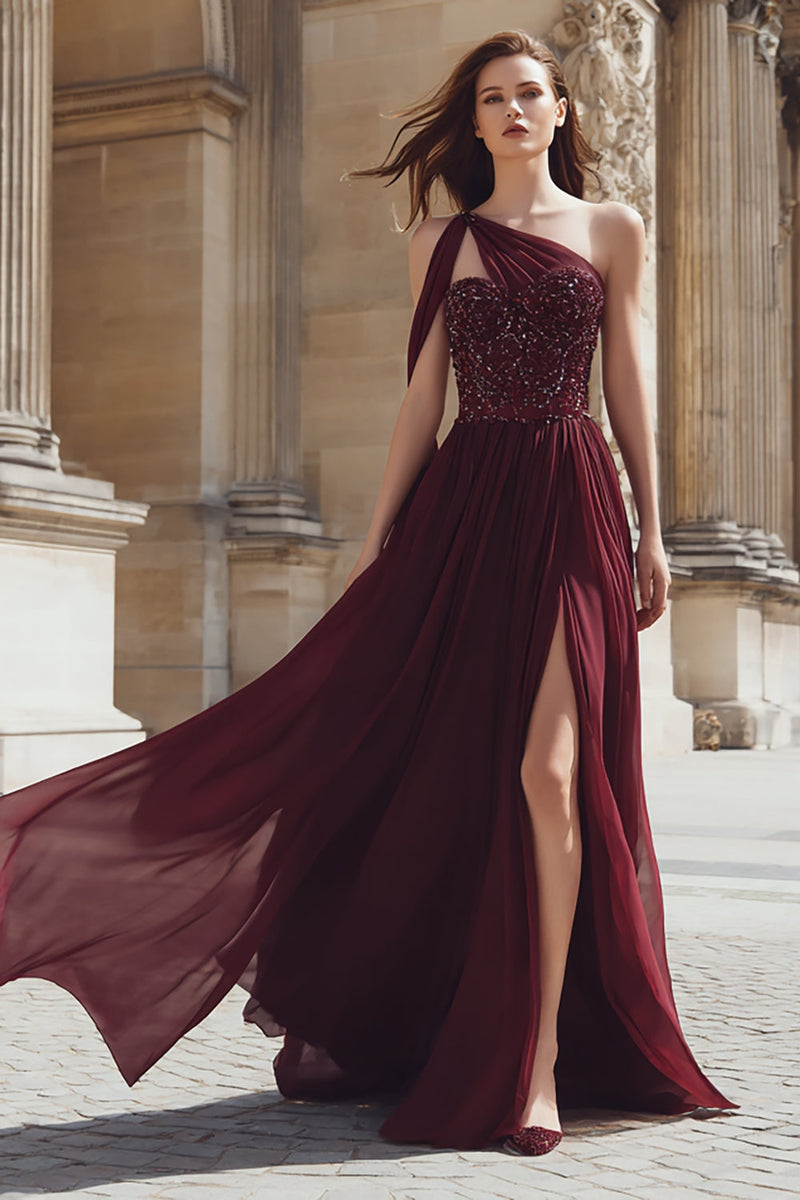Load image into Gallery viewer, Sparkly Burgundy A Line One Shoulder Long Prom Dress