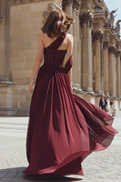 Load image into Gallery viewer, Sparkly Burgundy A Line One Shoulder Long Prom Dress
