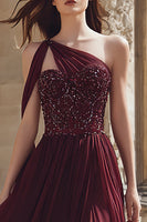 Load image into Gallery viewer, Sparkly Burgundy A Line One Shoulder Long Prom Dress