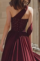 Load image into Gallery viewer, Sparkly Burgundy A Line One Shoulder Long Prom Dress