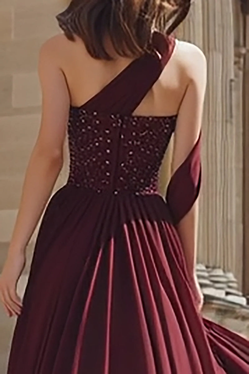 Load image into Gallery viewer, Sparkly Burgundy A Line One Shoulder Long Prom Dress