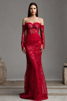 Load image into Gallery viewer, Red Strapless Mermaid Lace Corset Long Prom Dress with Sleeves