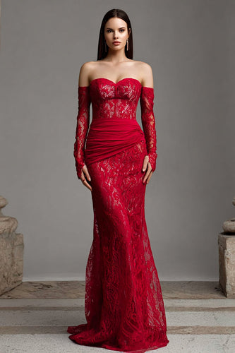 Red Strapless Mermaid Lace Corset Long Prom Dress with Sleeves