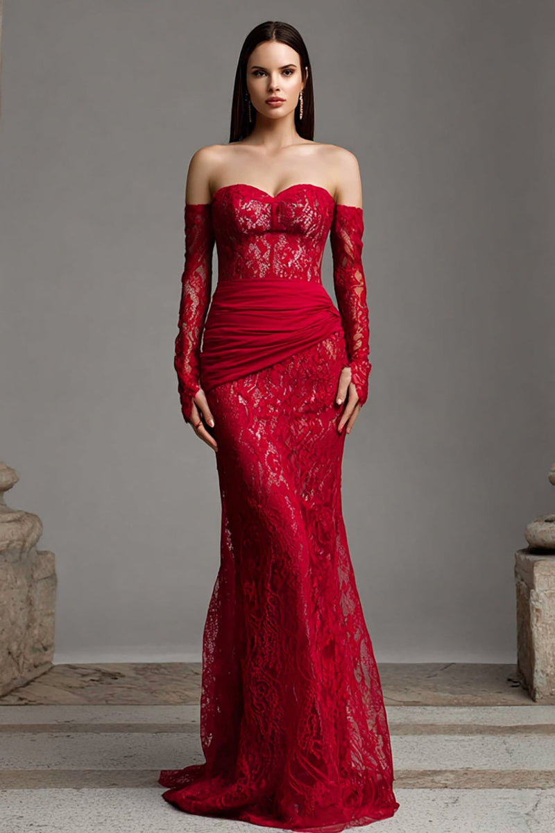 Load image into Gallery viewer, Red Strapless Mermaid Lace Corset Long Prom Dress with Sleeves