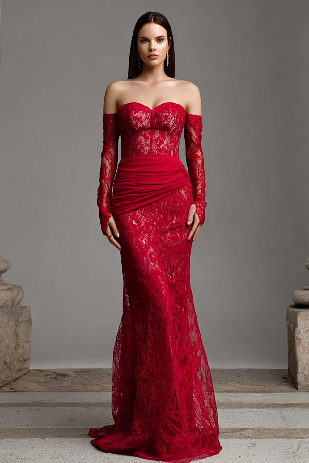 Red Strapless Mermaid Lace Corset Long Prom Dress with Sleeves