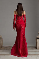 Load image into Gallery viewer, Red Strapless Mermaid Lace Corset Long Prom Dress with Sleeves