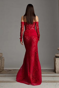 Red Strapless Mermaid Lace Corset Long Prom Dress with Sleeves