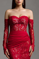 Load image into Gallery viewer, Red Strapless Mermaid Lace Corset Long Prom Dress with Sleeves