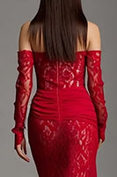 Load image into Gallery viewer, Red Strapless Mermaid Lace Corset Long Prom Dress with Sleeves