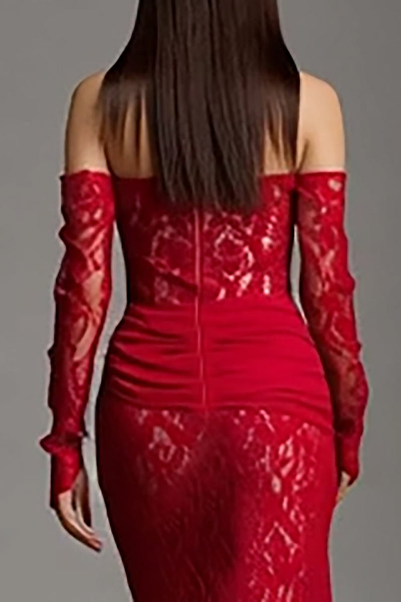 Load image into Gallery viewer, Red Strapless Mermaid Lace Corset Long Prom Dress with Sleeves