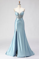 Load image into Gallery viewer, Sparkly Dusty Blue Satin Corset Long Prom Dress with Slit
