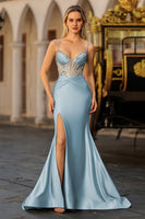 Load image into Gallery viewer, Sparkly Dusty Blue Satin Corset Long Prom Dress with Slit