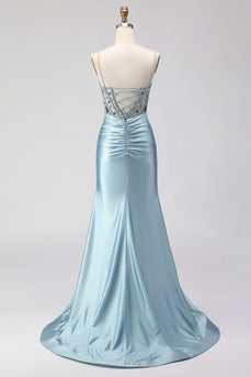 Sparkly Dusty Blue Satin Corset Long Prom Dress with Slit