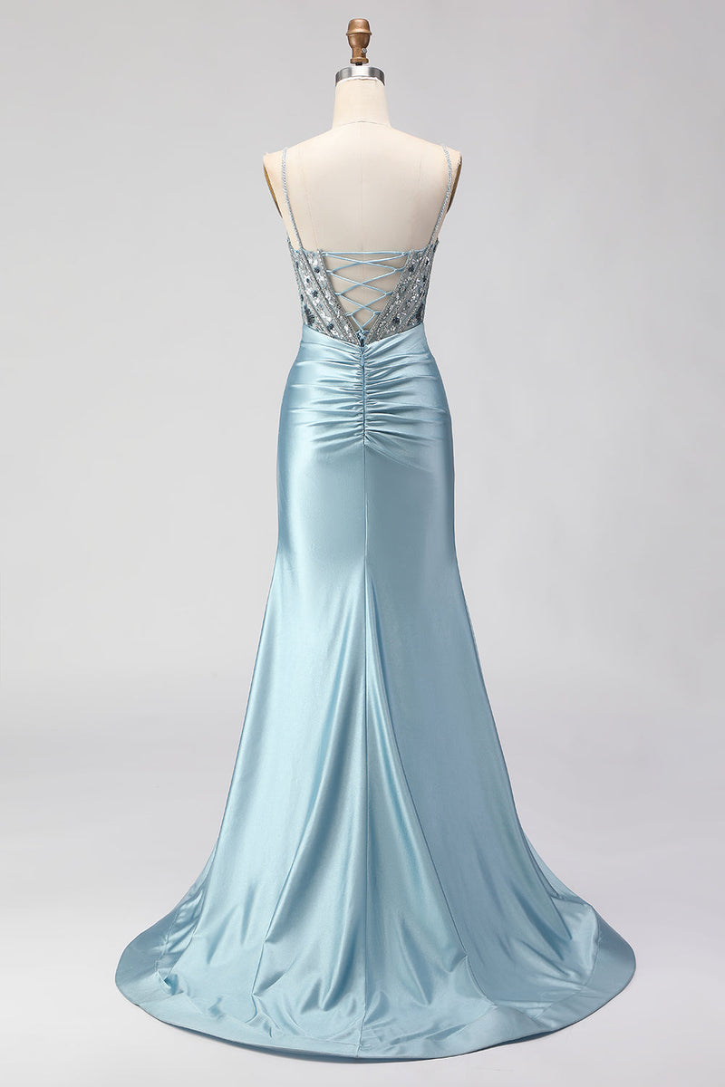 Load image into Gallery viewer, Sparkly Dusty Blue Satin Corset Long Prom Dress with Slit