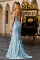 Load image into Gallery viewer, Sparkly Dusty Blue Satin Corset Long Prom Dress with Slit