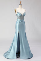 Load image into Gallery viewer, Sparkly Dusty Blue Satin Corset Long Prom Dress with Slit