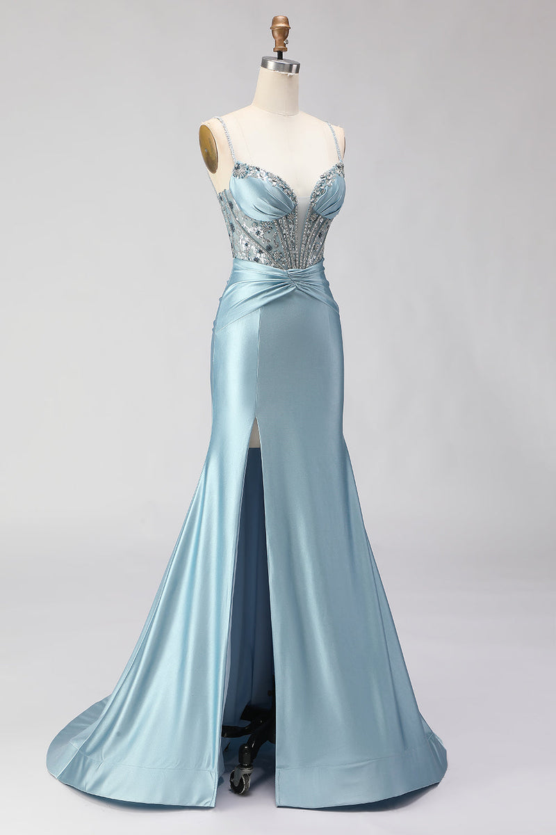 Load image into Gallery viewer, Sparkly Dusty Blue Satin Corset Long Prom Dress with Slit