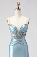 Load image into Gallery viewer, Sparkly Dusty Blue Satin Corset Long Prom Dress with Slit
