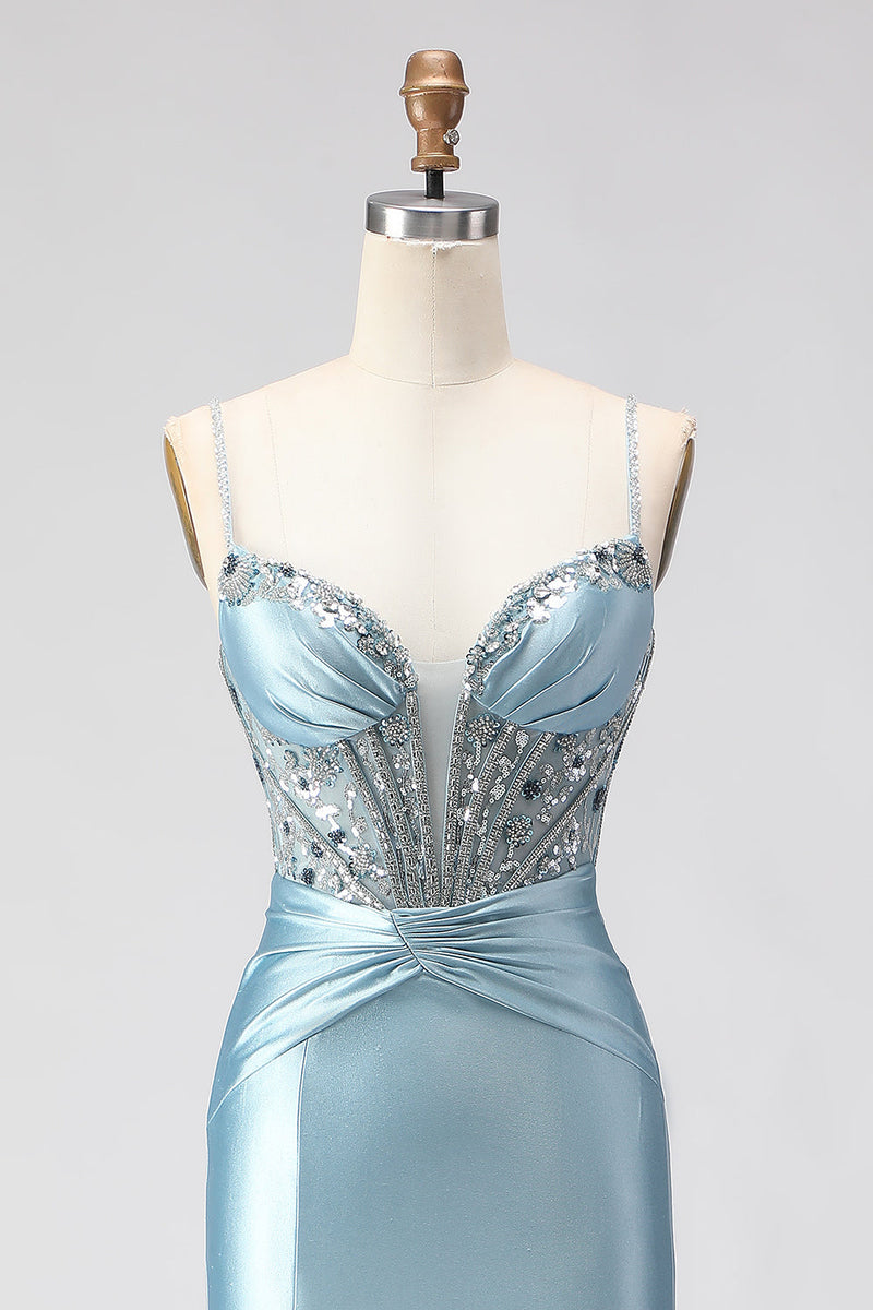 Load image into Gallery viewer, Sparkly Dusty Blue Satin Corset Long Prom Dress with Slit