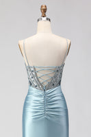 Load image into Gallery viewer, Sparkly Dusty Blue Satin Corset Long Prom Dress with Slit