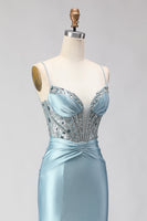 Load image into Gallery viewer, Sparkly Dusty Blue Satin Corset Long Prom Dress with Slit