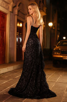 Load image into Gallery viewer, Sparkly Black Ruffled Mermaid Corset Long Prom Dress with Beading