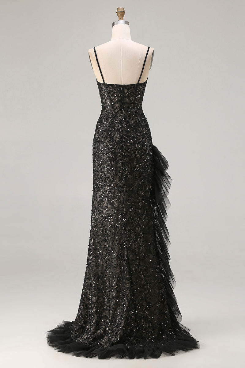 Load image into Gallery viewer, Sparkly Black Ruffled Mermaid Corset Long Prom Dress with Beading
