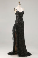 Load image into Gallery viewer, Sparkly Black Ruffled Mermaid Corset Long Prom Dress with Beading