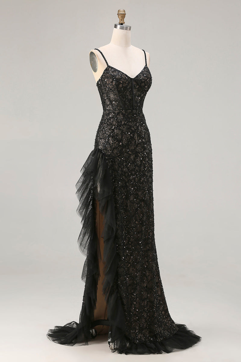 Load image into Gallery viewer, Sparkly Black Ruffled Mermaid Corset Long Prom Dress with Beading