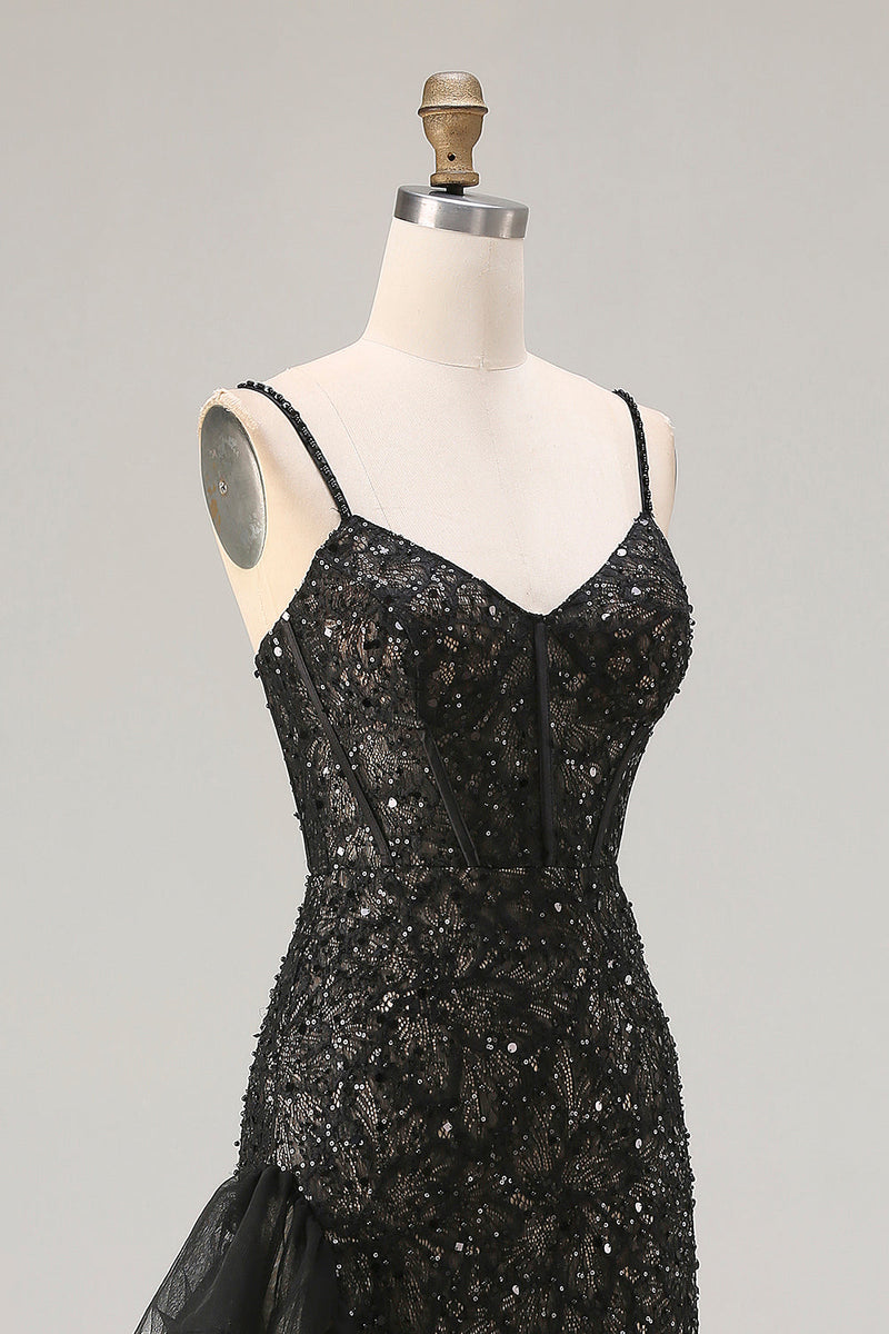 Load image into Gallery viewer, Sparkly Black Ruffled Mermaid Corset Long Prom Dress with Beading