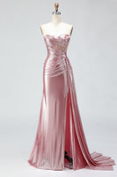 Load image into Gallery viewer, Sparkly Pink Sweetheart Mermaid Corset Long Prom Dress with Slit
